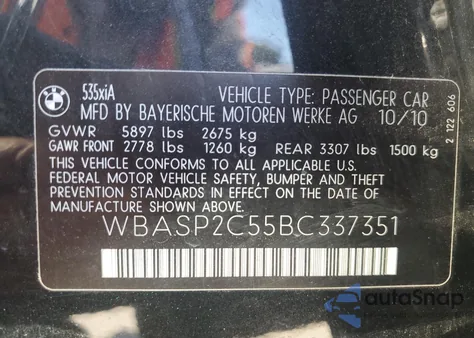 2011 BMW 535 Xigt из США, поврежденный, VIN WBASP2C55BC337351